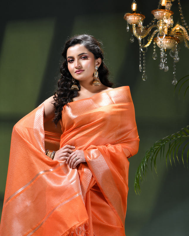 Women`s Tissue silk sarees for women latest, design Cotton sari Kanak zari New, Design golden Kora tissue banarasi New Farewell wedding kanjivaram silk party, wear saree (Orange Gold)