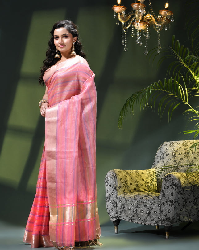 Women`s Tissue silk sarees for women latest, design organza New sari Swarnika zari Design golden Kora tissue banarasi saree for wedding party, wear sarees for Women (Pink Blue)