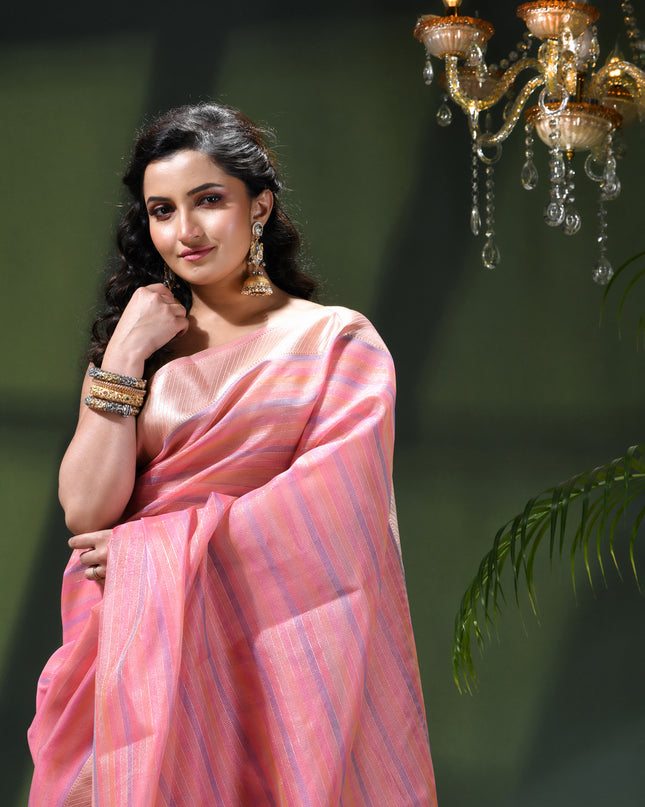 Women`s Tissue silk sarees for women latest, design organza New sari Swarnika zari Design golden Kora tissue banarasi saree for wedding party, wear sarees for Women (Pink Blue)