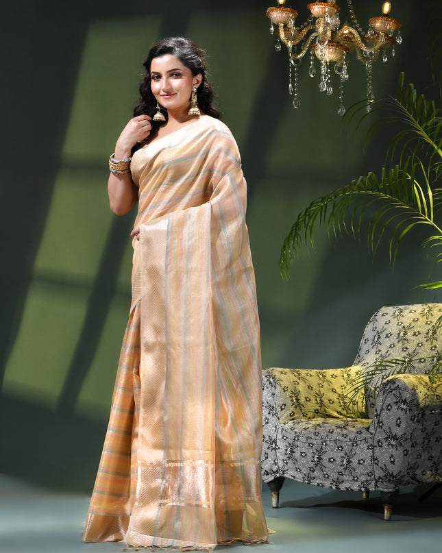 Women`s Tissue silk sarees for women latest, design organza New sari Swarnika zari Design golden Kora tissue banarasi saree for wedding party, wear sarees for Women (Gold Blue)