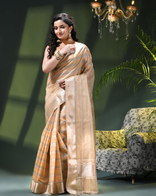 Women`s Tissue silk sarees for women latest, design organza New sari Swarnika zari Design golden Kora tissue banarasi saree for wedding party, wear sarees for Women (Gold Blue)