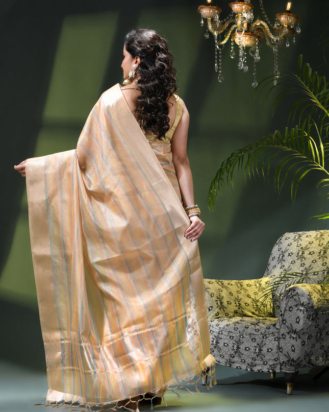 Women`s Tissue silk sarees for women latest, design organza New sari Swarnika zari Design golden Kora tissue banarasi saree for wedding party, wear sarees for Women (Gold Blue)