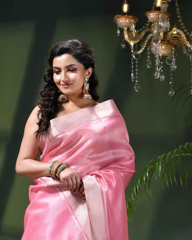 Women`s Tissue silk sarees for women latest, design organza New sari Swarnika zari Design golden Kora tissue banarasi saree for wedding party, wear sarees for Women (Pink)
