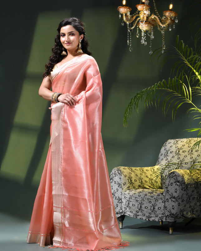 Women`s Tissue silk sarees for women latest, design organza New sari Swarnika zari Design golden Kora tissue banarasi saree for wedding party, wear sarees for Women (Soft Peach Pink)