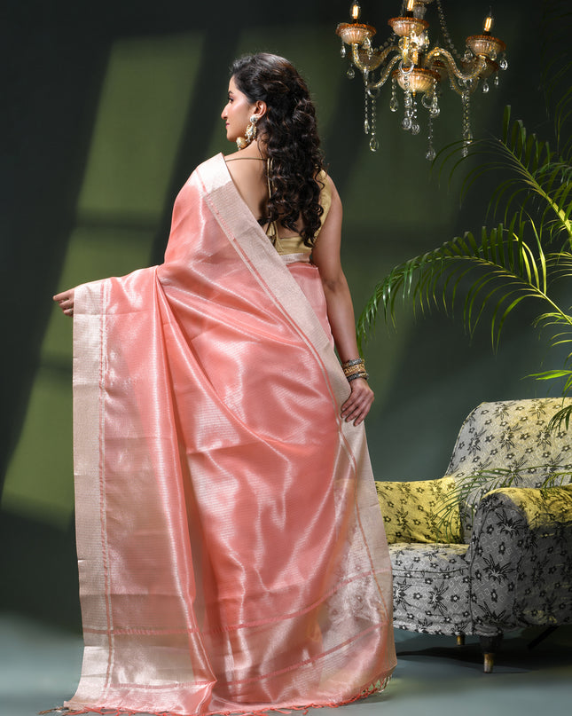 Women`s Tissue silk sarees for women latest, design organza New sari Swarnika zari Design golden Kora tissue banarasi saree for wedding party, wear sarees for Women (Soft Peach Pink)