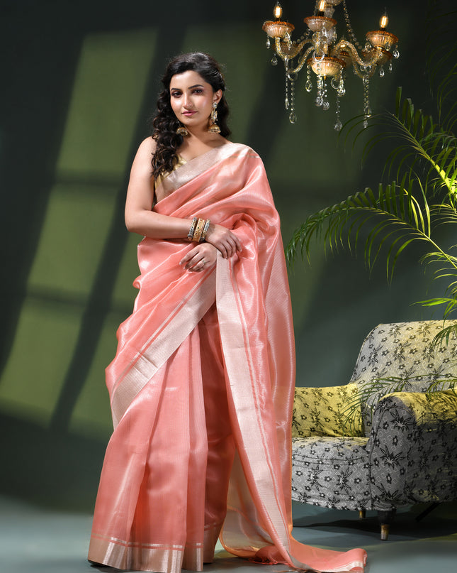 Women`s Tissue silk sarees for women latest, design organza New sari Swarnika zari Design golden Kora tissue banarasi saree for wedding party, wear sarees for Women (Soft Peach Pink)