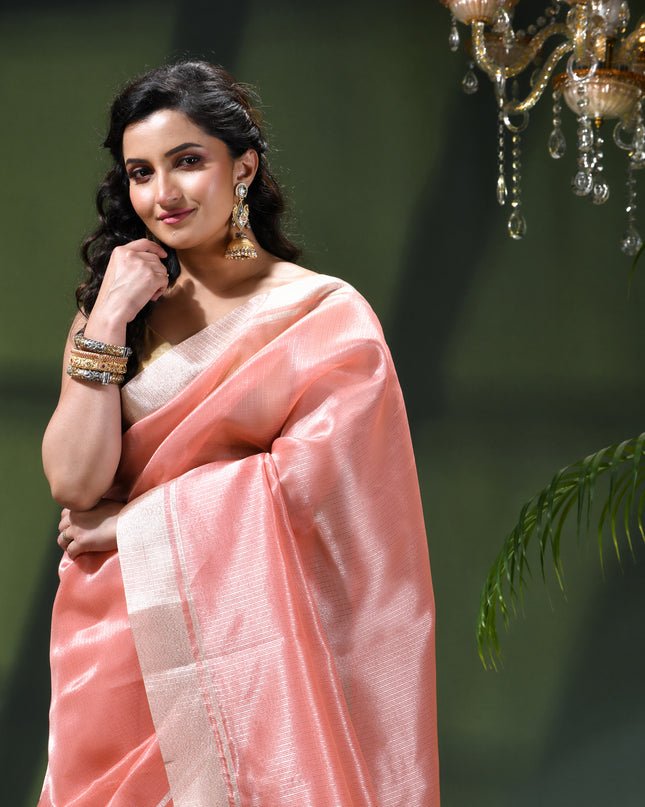 Women`s Tissue silk sarees for women latest, design organza New sari Swarnika zari Design golden Kora tissue banarasi saree for wedding party, wear sarees for Women (Soft Peach Pink)