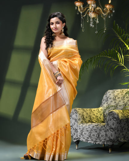 Women`s Tissue silk sarees for women latest, design organza New sari Swarnika zari Design golden Kora tissue banarasi saree for wedding party, wear sarees for Women (Golden Yellow)