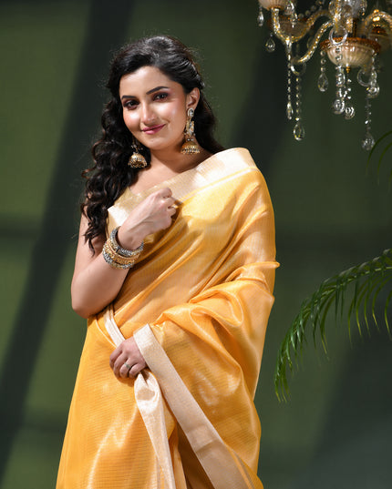 Women`s Tissue silk sarees for women latest, design organza New sari Swarnika zari Design golden Kora tissue banarasi saree for wedding party, wear sarees for Women (Golden Yellow)