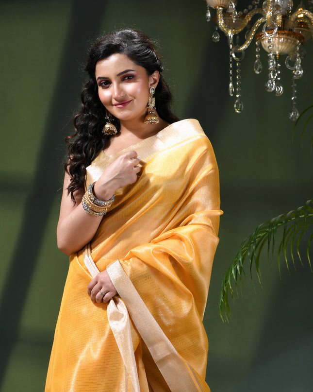 Women`s Tissue silk sarees for women latest, design organza New sari Swarnika zari Design golden Kora tissue banarasi saree for wedding party, wear sarees for Women (Golden Yellow)
