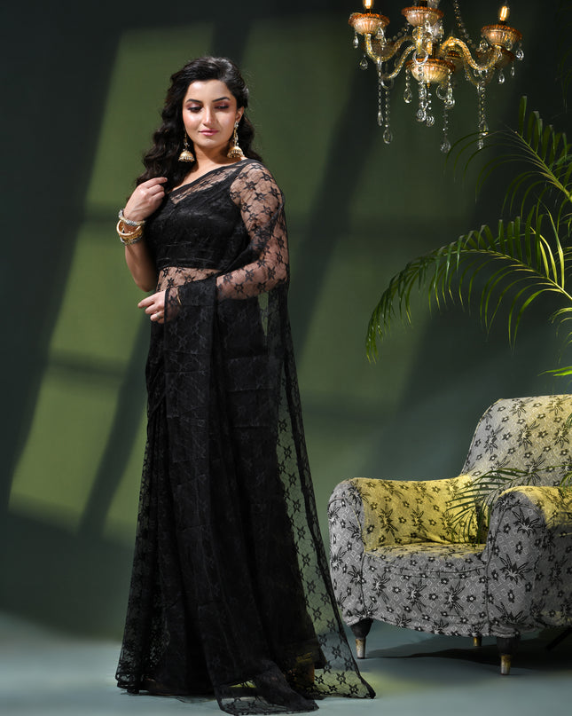 Women’s Net Sequin Embroidered saree Soft Net saree party, wear Chiffon wedding Silk georgette latest, Net sarees Heavy design Function Festive farewell saree for women (Black)