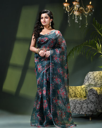 Women`s Printed Organza Saree Semi-Transparent Party, Wear organza weddings saree for women latest, Trending Design Fancy banarasi organza silk saree for Farewell Green Sarees for Women