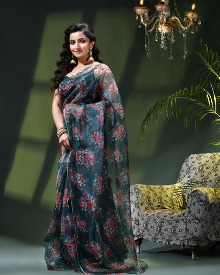 Women`s Printed Organza Saree Semi-Transparent Party, Wear organza weddings saree for women latest, Trending Design Fancy banarasi organza silk saree for Farewell Green Sarees for Women