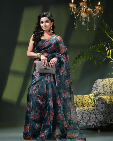 Women`s Printed Organza Saree Semi-Transparent Party, Wear organza weddings saree for women latest, Trending Design Fancy banarasi organza silk saree for Farewell Green Sarees for Women