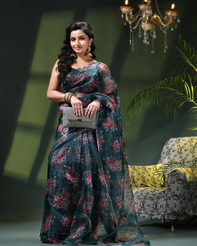 Women`s Printed Organza Saree Semi-Transparent Party, Wear organza weddings saree for women latest, Trending Design Fancy banarasi organza silk saree for Farewell Green Sarees for Women