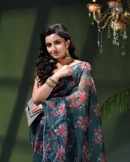 Women`s Printed Organza Saree Semi-Transparent Party, Wear organza weddings saree for women latest, Trending Design Fancy banarasi organza silk saree for Farewell Green Sarees for Women