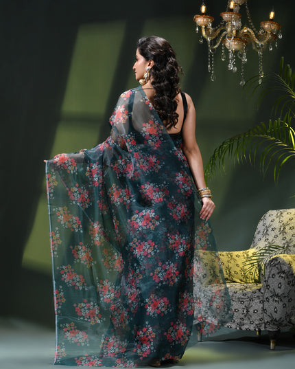 Women`s Printed Organza Saree Semi-Transparent Party, Wear organza weddings saree for women latest, Trending Design Fancy banarasi organza silk saree for Farewell Green Sarees for Women