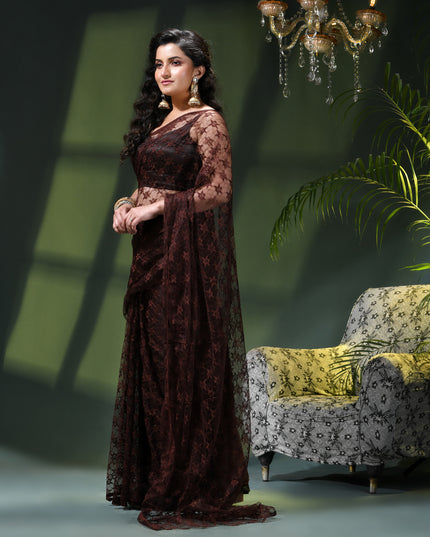 Women’s Net Sequin Embroidered saree Soft Net saree party, wear Chiffon wedding Silk georgette latest, Net sarees Heavy design Function Festive farewell saree for women (Brown)