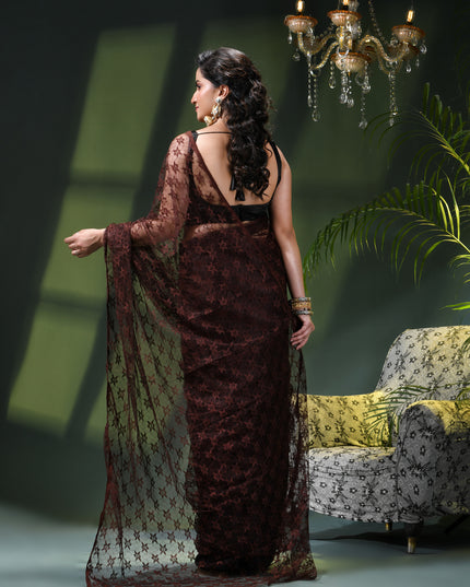 Women’s Net Sequin Embroidered saree Soft Net saree party, wear Chiffon wedding Silk georgette latest, Net sarees Heavy design Function Festive farewell saree for women (Brown)