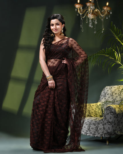 Women’s Net Sequin Embroidered saree Soft Net saree party, wear Chiffon wedding Silk georgette latest, Net sarees Heavy design Function Festive farewell saree for women (Brown)