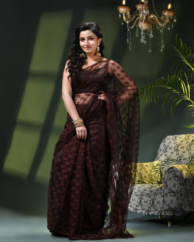 Women’s Net Sequin Embroidered saree Soft Net saree party, wear Chiffon wedding Silk georgette latest, Net sarees Heavy design Function Festive farewell saree for women (Brown)