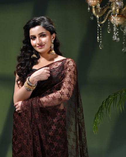 Women’s Net Sequin Embroidered saree Soft Net saree party, wear Chiffon wedding Silk georgette latest, Net sarees Heavy design Function Festive farewell saree for women (Brown)