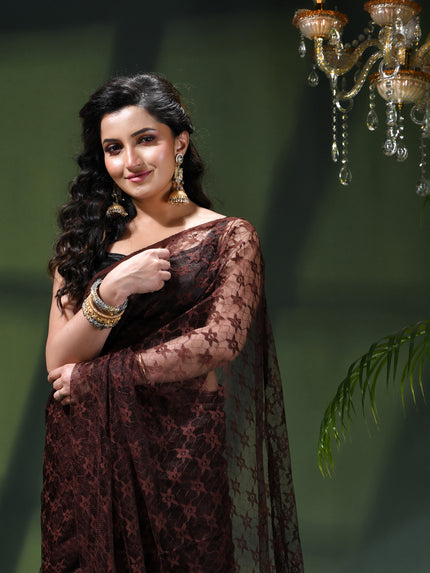 Women’s Net Sequin Embroidered saree Soft Net saree party, wear Chiffon wedding Silk georgette latest, Net sarees Heavy design Function Festive farewell saree for women (Brown)