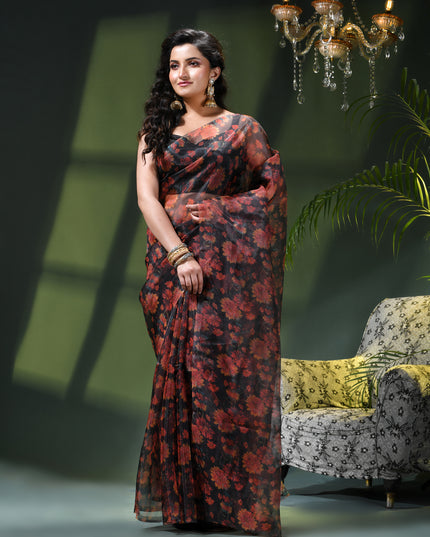 Women`s Printed Organza Saree Semi-Transparent Party, Wear organza weddings sarees latest, Trending Design Fancy banarasi organza silk saree for Farewell Red Black Sarees for Women