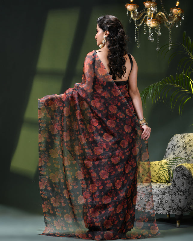 Women`s Printed Organza Saree Semi-Transparent Party, Wear organza weddings sarees latest, Trending Design Fancy banarasi organza silk saree for Farewell Red Black Sarees for Women