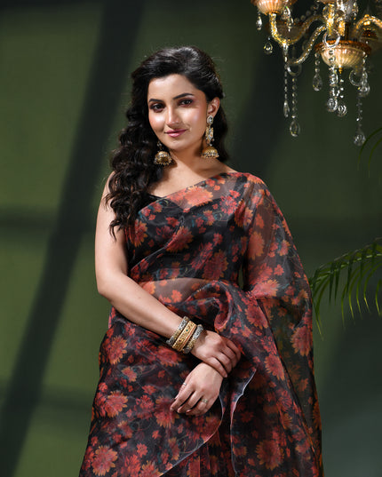 Women`s Printed Organza Saree Semi-Transparent Party, Wear organza weddings sarees latest, Trending Design Fancy banarasi organza silk saree for Farewell Red Black Sarees for Women