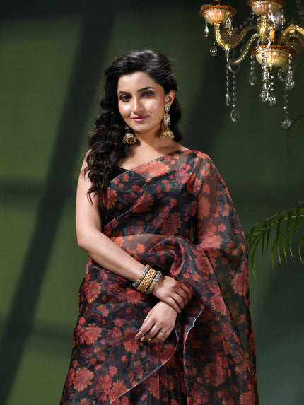 Women`s Printed Organza Saree Semi-Transparent Party, Wear organza weddings sarees latest, Trending Design Fancy banarasi organza silk saree for Farewell Red Black Sarees for Women