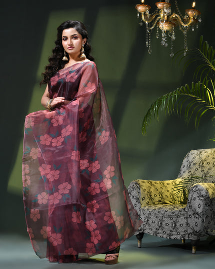 Women`s Printed Organza Saree Semi-Transparent Party, Wear organza weddings sarees latest, Trending Design Fancy banarasi organza silk saree for Farewell Black Red Sarees for Women