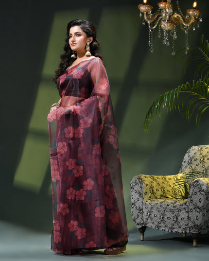 Women`s Printed Organza Saree Semi-Transparent Party, Wear organza weddings sarees latest, Trending Design Fancy banarasi organza silk saree for Farewell Black Red Sarees for Women