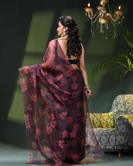 Women`s Printed Organza Saree Semi-Transparent Party, Wear organza weddings sarees latest, Trending Design Fancy banarasi organza silk saree for Farewell Black Red Sarees for Women