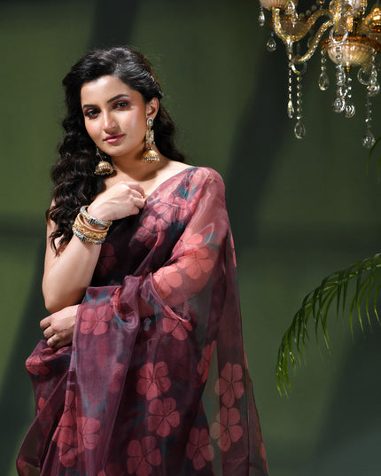 Women`s Printed Organza Saree Semi-Transparent Party, Wear organza weddings sarees latest, Trending Design Fancy banarasi organza silk saree for Farewell Black Red Sarees for Women