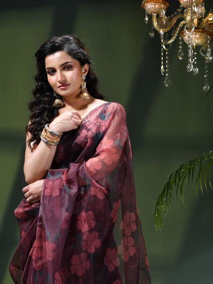 Women`s Printed Organza Saree Semi-Transparent Party, Wear organza weddings sarees latest, Trending Design Fancy banarasi organza silk saree for Farewell Black Red Sarees for Women
