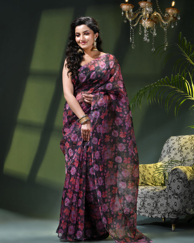 Women`s Printed Organza Saree Semi-Transparent Party, Wear weddings sarees latest, Trending Design Fancy banarasi organza silk saree for Farewell Black Red Pink Sarees for Women