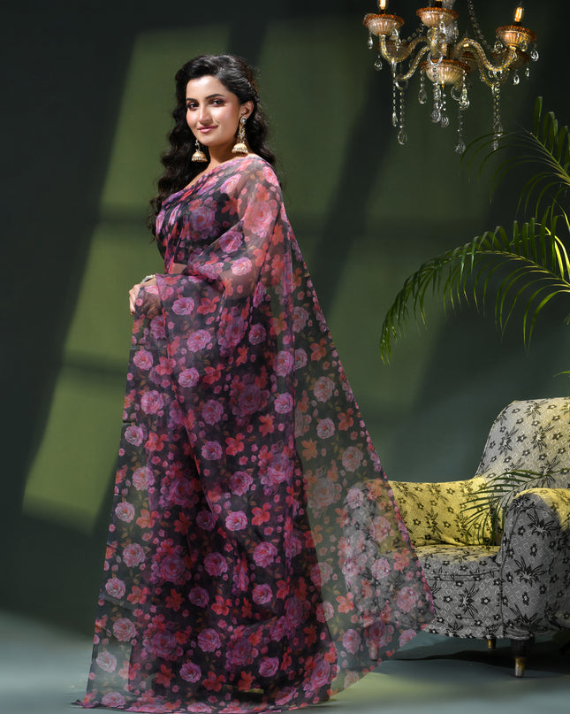 Women`s Printed Organza Saree Semi-Transparent Party, Wear weddings sarees latest, Trending Design Fancy banarasi organza silk saree for Farewell Black Red Pink Sarees for Women