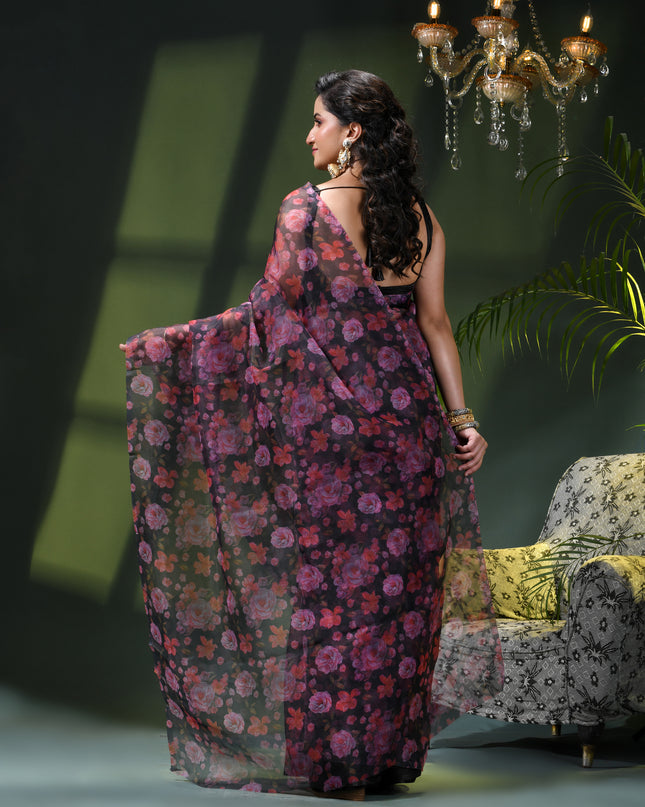 Women`s Printed Organza Saree Semi-Transparent Party, Wear weddings sarees latest, Trending Design Fancy banarasi organza silk saree for Farewell Black Red Pink Sarees for Women