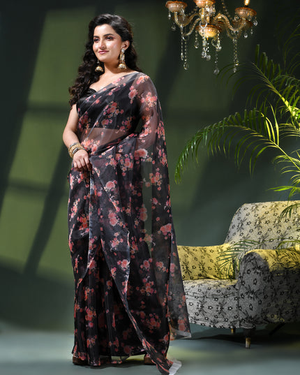 Women`s Printed Organza Saree Semi-Transparent Party, Wear organza weddings latest, Trending Design sarees Fancy banarasi organza silk saree for Farewell Black Sarees for Women
