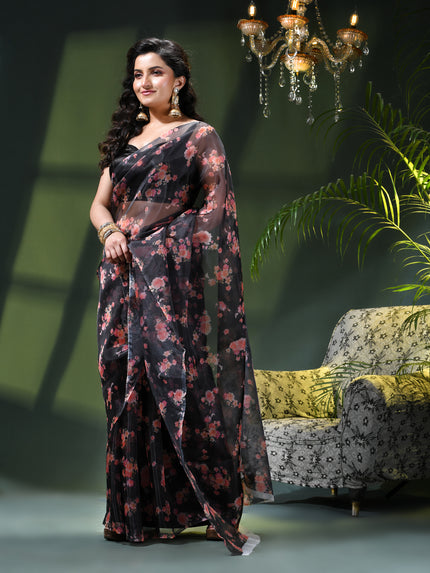 Women`s Printed Organza Saree Semi-Transparent Party, Wear organza weddings latest, Trending Design sarees Fancy banarasi organza silk saree for Farewell Black Sarees for Women
