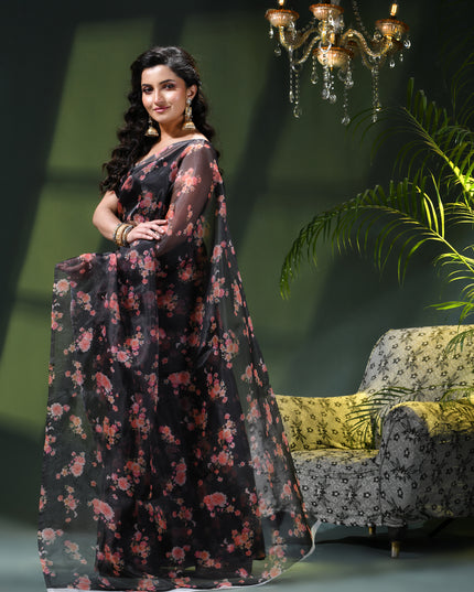 Women`s Printed Organza Saree Semi-Transparent Party, Wear organza weddings latest, Trending Design sarees Fancy banarasi organza silk saree for Farewell Black Sarees for Women
