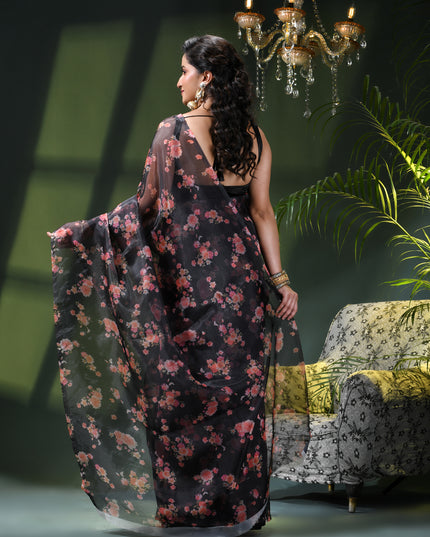 Women`s Printed Organza Saree Semi-Transparent Party, Wear organza weddings latest, Trending Design sarees Fancy banarasi organza silk saree for Farewell Black Sarees for Women