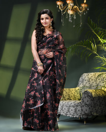 Women`s Printed Organza Saree Semi-Transparent Party, Wear organza weddings latest, Trending Design sarees Fancy banarasi organza silk saree for Farewell Black Sarees for Women