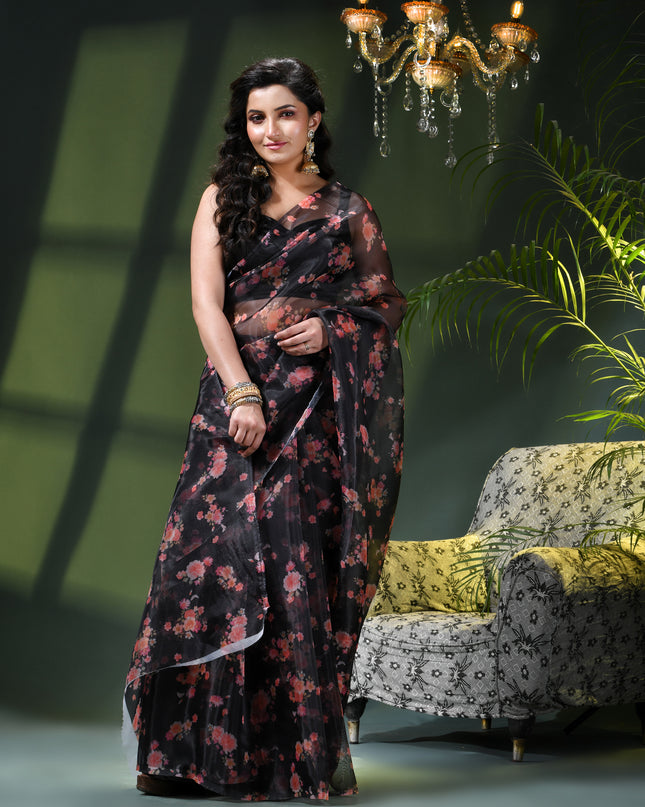 Women`s Printed Organza Saree Semi-Transparent Party, Wear organza weddings latest, Trending Design sarees Fancy banarasi organza silk saree for Farewell Black Sarees for Women