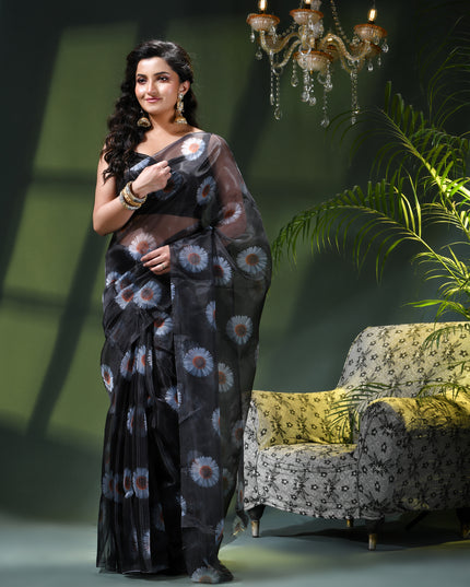Women`s Printed Organza Saree Semi-Transparent Party, Wear organza weddings latest, Trending Daisy Flower Design Saree Fancy banarasi organza silk Black Sarees for Women for Farewell