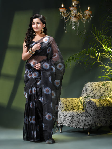 Women`s Printed Organza Saree Semi-Transparent Party, Wear organza weddings latest, Trending Daisy Flower Design Saree Fancy banarasi organza silk Black Sarees for Women for Farewell