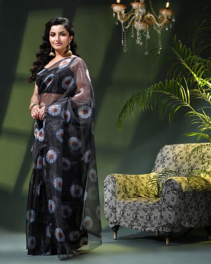 Women`s Printed Organza Saree Semi-Transparent Party, Wear organza weddings latest, Trending Daisy Flower Design Saree Fancy banarasi organza silk Black Sarees for Women for Farewell