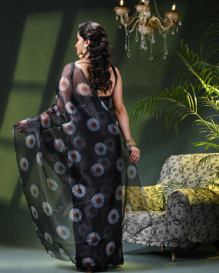 Women`s Printed Organza Saree Semi-Transparent Party, Wear organza weddings latest, Trending Daisy Flower Design Saree Fancy banarasi organza silk Black Sarees for Women for Farewell