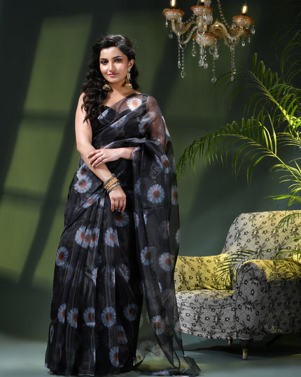 Women`s Printed Organza Saree Semi-Transparent Party, Wear organza weddings latest, Trending Daisy Flower Design Saree Fancy banarasi organza silk Black Sarees for Women for Farewell